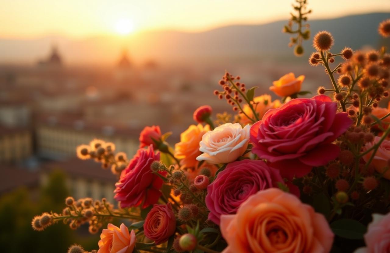 Una lussuosa composizione floreale di Melodia Botanica con lo sfondo sfocato di Firenze.
