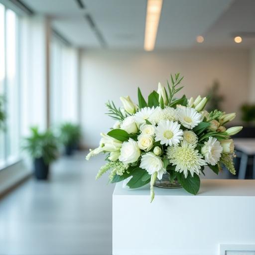 Una composizione floreale moderna in una reception di un ufficio.